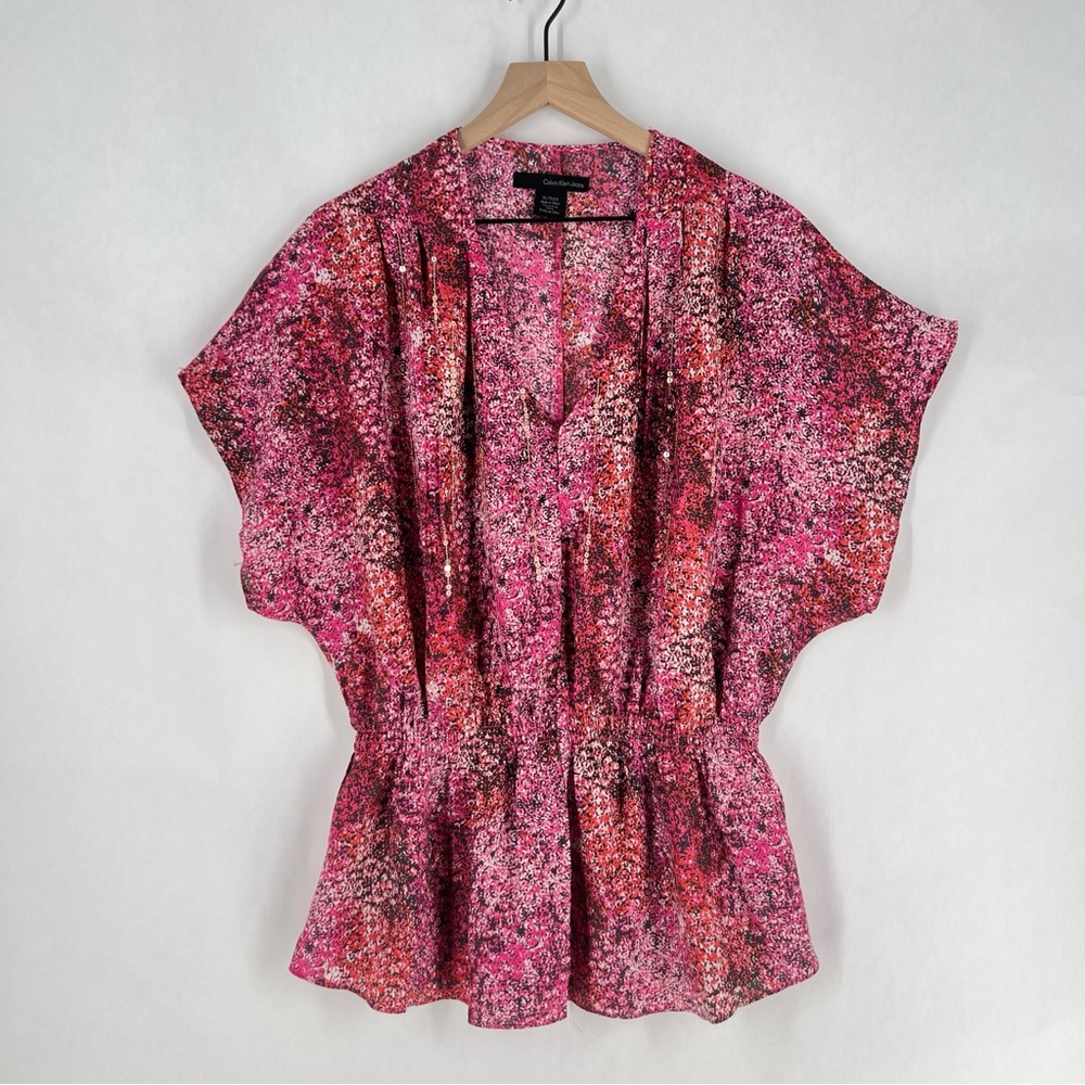 Calvin Klein Y2K Pink Printed Sequin Embellished V-‎ Neck Batwing Blouse Size XL